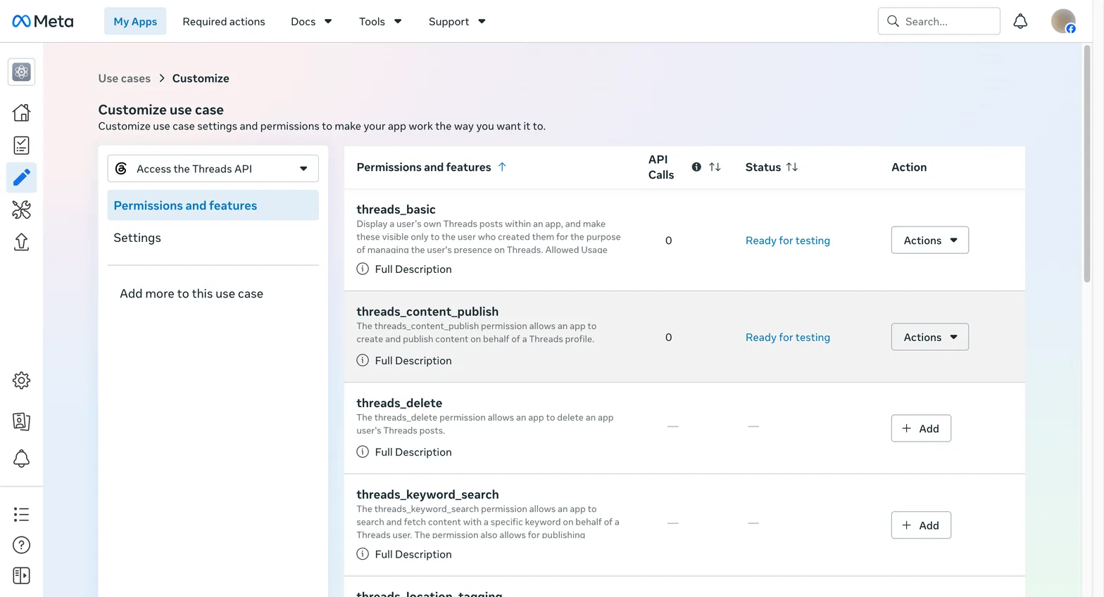 Permissions 頁面,threads_basic 與 threads_content_publish 都顯示 Ready for testing